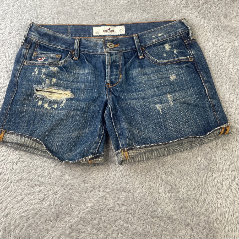 Hollister‎ Denim Shorts Womens 1 25w Blue Distressed Low Rise Button Fly Cuffed